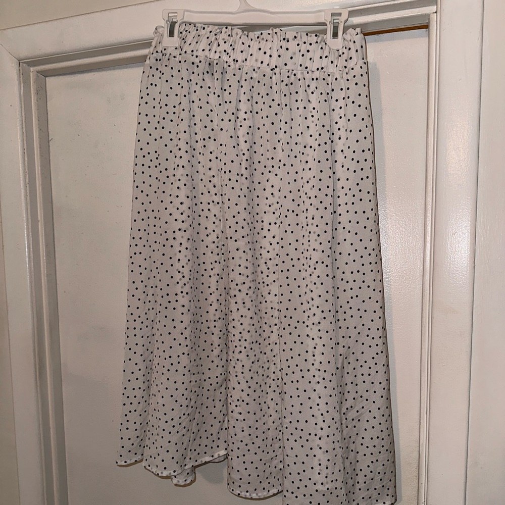 Flared Skirt High Elastic Waist Black And White Polka Dot  Ruffle Hem Midi